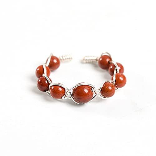 ARTQ Steinring Kupferdrahtgeflecht Roter Jaspis Natursteinring Silberfarbe Verstellbarer Öffnungsring Boho Statement Einfache Ringe Valentinstagsgeschenk Für Frau Freundin