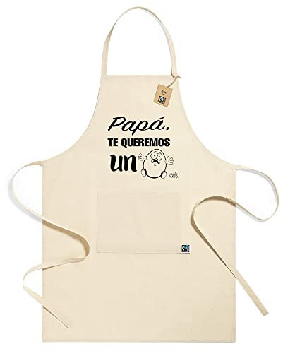 mundohuevo Regalo original dia del padre. Delantal papa te queremos un huevo.Material comercio justo