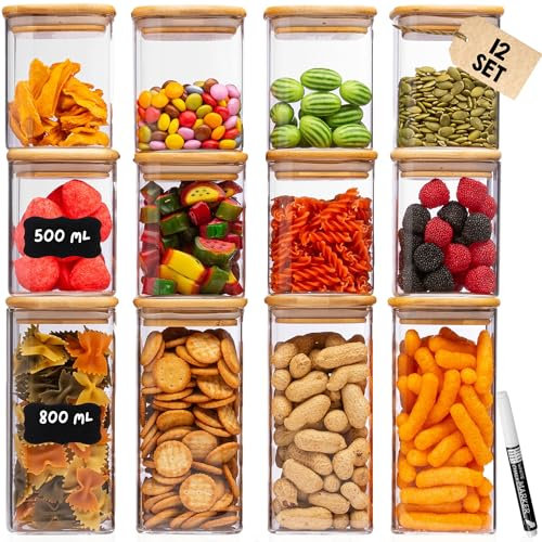 Deco haus® Vorratsgläser mit Deckel eckig 12er Set [+ETIKETTEN] - Vorratsdosen Glas mit Deckel luftdicht - Vorratsglas mit Holzdeckel - Aufbewahrungsgläser - Glasbehälter Vorratsbehälter
