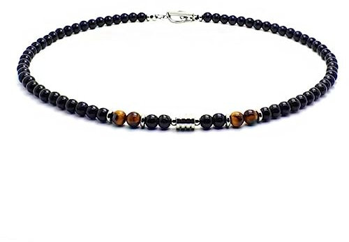 Danwinty Perlenkette Herren mit Anhänger,Natürliche Tigerauge Stein Perlenkette, Schwarz Hip Hop Choker Halskette Necklace Schmuck Geschenk für Männer (Style 1)