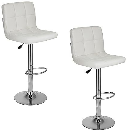 Baroni Home Juego de 2 Taburetes de Bar o Cocina de Tejido Acolchado, Ajustable y Giratorio De 360°, con Respaldo y Reposapiés, Estructura de Acero Cromado, Color Blanco de Piel Sintética