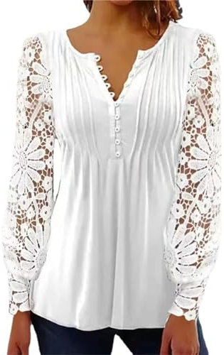 BISKAMY Tops for Women UK Elegant Ladies Tops Lace Patchwork Shirts Long Sleeve V Neck Blouse Plus Size Casual Loose T-Shirt, White Large