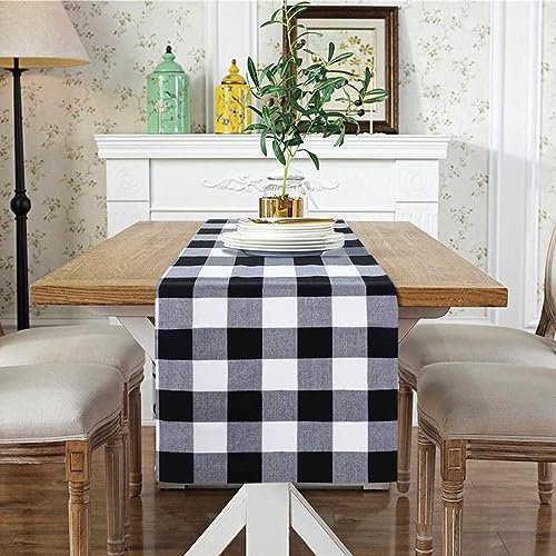 Wedhapy Chemin de Table à Carreaux de Buffle Noir et Blanc - Chemin de Table en Coton et Lin pour la Maison et la Cuisine - 30 x 275 cm