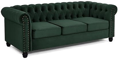 Home Detail Chesterfield Studded 3-Seater Sofa, Green Velvet | 2 Seater or 3 Seater Available, Fabric Sofa, Available in Grey, Blue, Black, Gold