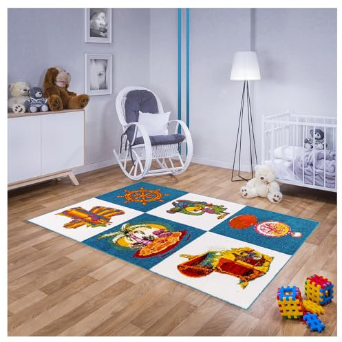 Teppich für Kinderzimmer in Weiß, Blau Kinderteppich 160 cm x 230 cm mit Meer Piraten Schatz Motiv, Babyteppich für Mädchen und Jungen