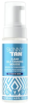 Skinny Tan Clear Self-Tanning Mousse Ultimate Dark - Hyaluronic Acid, Aloe Vera, Vitamin B5, Easy To Apply Luxurious, Foam Texture, Streak Free, Natural Looking Results - Dark, 145ml