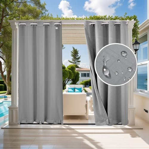 Jianyana Rideaux d'Extérieur, B132CM×H238CM 2 PCS Rideau Occultant Impermeable Anti-UV Rideau pour Intérieur Extérieur Thermique Anti Froid Chaleur pour Pergola/Jardin(Gris Clair,52×94in)