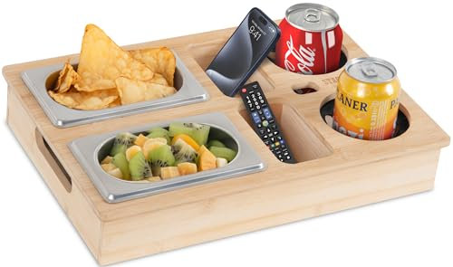 Stagecaptain CBW-45 NT Couchbar - Barra de Snack de bambú para sofá de Sala - Prácticas Ranuras para Agarre - 7 Compartimentos para Snacks, Bebidas y abridor de Botellas - Sujeción de Vasos de Goma