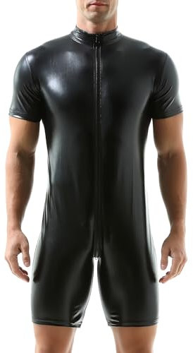 QiaTi Herren Kurzarm Kurze Hose Leotard Zip Strumpfhose Kunstleder Bodysuit