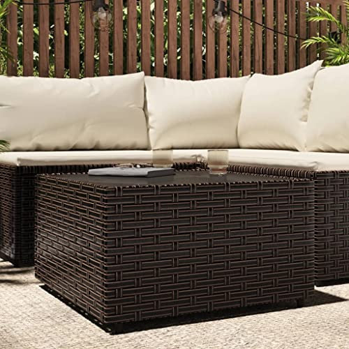 FOZICV Garten-Couchtisch Braun 50x50x30 cm PE-Rattan und Stahl und Hartglas Outdoor Table Kassentisch Coffetable Terassentisch Außen Outdoormöbel Balkontisch Rattan Beistelltisch Rattan