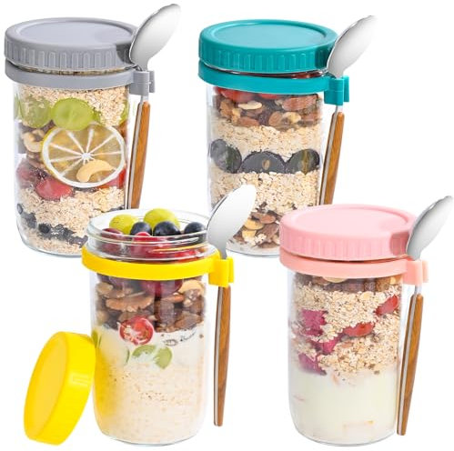 Euakee Overnight Oats Jars, 4 Pcs Pot à Déjeuner 20 oz/600ml, Réutilisable Bocaux en Verre avec Couvercle et Cuillère, Bol Muesli a Emporter, Verre Récipients D'avoine, Bocaux à Yaourt Overnight Oats