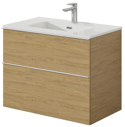 BERNSTEIN Badmöbel-Set Lavoa 80 cm bestehend aus Waschbecken und Unterschrank mit 2 Schubladen, Waschbeckenunterschrank in Eiche, Griffe in Chrom - 5 Jahre Garantie - Waschtisch in Weiß glänzend