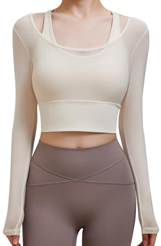 Harssidanzar Damen 2 in 1 Yoga Langarm Mesh Gym Athletic Tops Workout Fitness Shirts mit Medium Support Sport-BH CL301EU, Weiß,Größe M