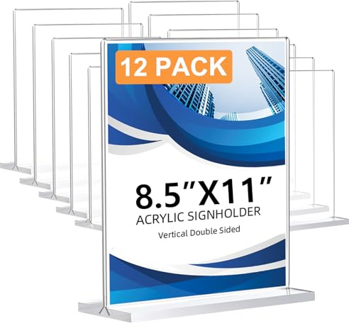 12 Pack Acrylic Sign Holder 8.5 x 11, Double-Sided Clear Sign Holder Plastic Stands for Display, T Shape Acrylic Table Sign Stands for Office Store Restaurants Wedding Party Decoration