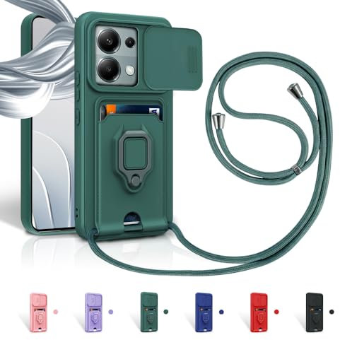 Aithne Cordon de Coque pour Xiaomi Redmi Note 13 Pro 5G/Poco X6 5G,Couvercle Coulissant de la Caméra+Support Annulaire à 360 Degrés,Fentes pour Cartes Lanyard Silicone Case -Vert
