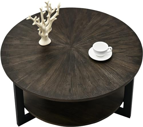 PADMA HOUSE Round Coffee Table with Storage, Farmhouse Solid Wood Circle Center Table, Wood Tabletop & Metal Frame for Living Room, Yellowish Brown, 110L x 66W x 45.5H
