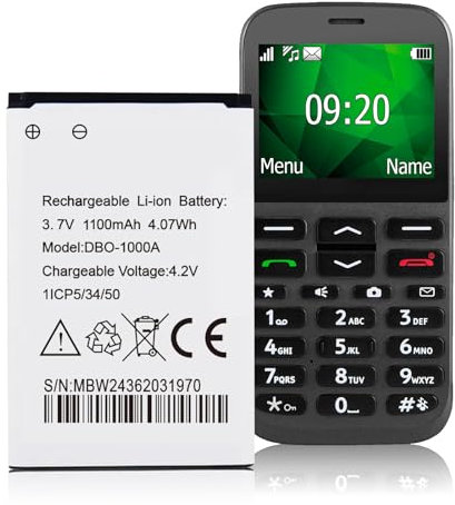 DBO-1000A Battery for Doro Mobile Phones, 1100mAh 3.7V Li-ion, Replacement for Models 1370, 1372, 1880, 2404, 5860, 6040, 6060, 6820, 6880, 7000H, 7439