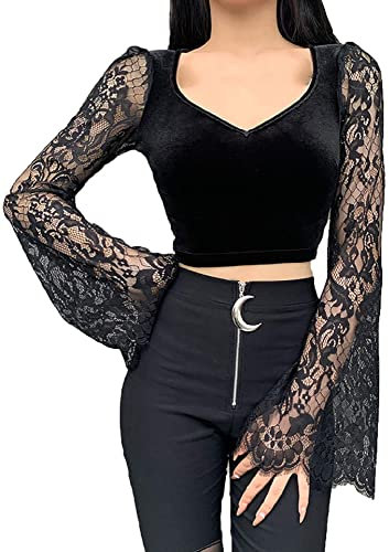 XKBHYD Women Gothic Velvet Crop Tops Y2K Long Sleeve Emo Alt Shirt Mall Goth V Neck Grunge Punk Harajuku T Shirt Black