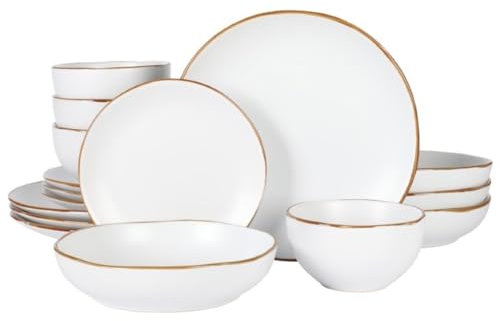 Gibson Home Hazeltine 16-Piece White Stoneware Dinnerware Set – Plates and Bowls, Durable Ceramic Kitchen Dinner Set