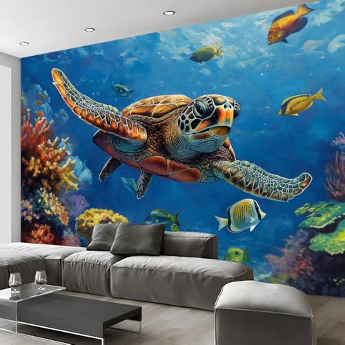 Photo Wallpaper Under The Sea Turtle Wall Murals - Removable Peel and Stick Self-Adhesive Foil Print Wall Mural Decoration Large Photo Wallpaper Picture Design Sea Life Ocean