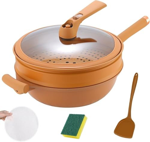 XINRUI Non-Stick Ceramic Wok with Glass Lid and Steamer Basket, 12.6 Inch Multi-Layer Cooking Pot, Micro Pressure Clay Pot with Spatula and Cleaning Accessories