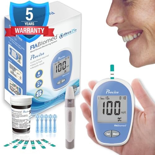 Blutzuckermessgerät im Set mit 50 Teststreifen + 50 Lanzetten | hochpräzises tragbares Diabetes Messgerät für zu Hause inkl. Stechhilfe & Tasche