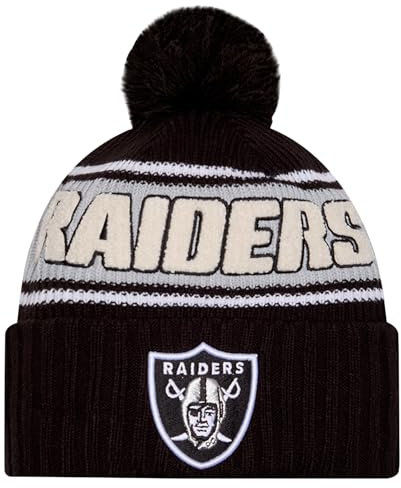 New Era Mütze für Kinder und Jugendliche, NFL Offizielles Sideline-Team-Logo, Sherpa-Streifen-Bommel, Strickmütze für kaltes Wetter, Las Vegas Raiders – Schwarz, Einheitsgröße
