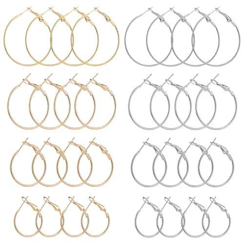 16 Pairs Hoop Earrings Findings, 20mm 25mm 30mm 40mm Round Earring Hoops Stylish French Earring Hooks Earring Accessories for Jewelry Making DIY Crafts (Gold, Silver)