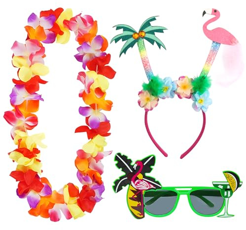 Hawaii Party Kostüm,3Pcs Hawaii Party Accessoire - Hawaiianische Girlanden | Hawaii Kostüm Tropischer Haarreifen mit Palme u. Cocktail,Partybrille Hawaii für Fasching Beach Sommer Party