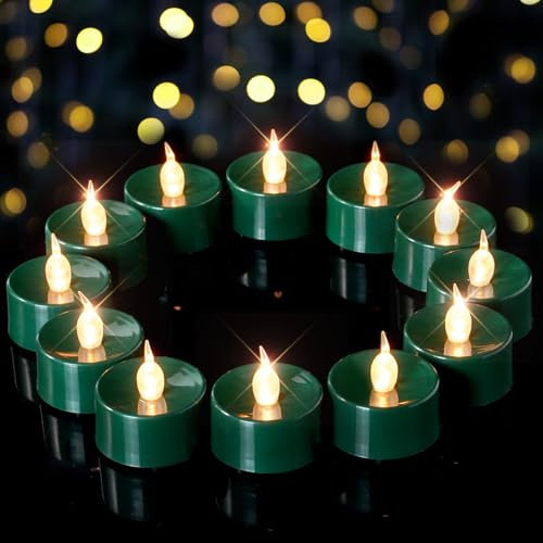 merrynights Green LED Candles, 24 Pack Tea Lights Candles Battery Operated, Flameless Tealight Candle, Realistic Tea Lights for Halloween Christmas Party Decor Mardi Gras