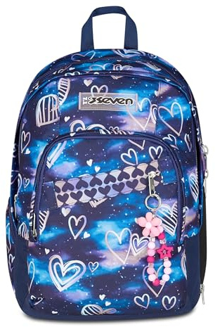 Seven Zaino Scuola Media Ragazza, Scuola Elementare, Dual Detach, Scomparto PC, Tasca Borraccia, Zainetto staccabile, Gloomy Heart, blu