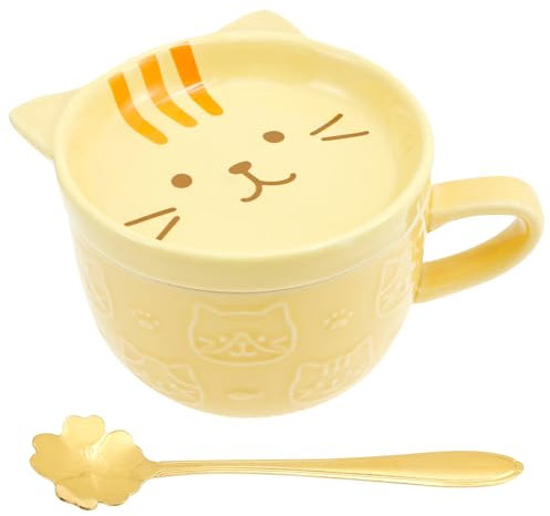 Cute Cat Mug with Lid Cute Ceramic Cat Coffee Mug Animal Coffee Tea Cup Saucer Set Kawaii Ceramic Mugs with Biscuit Holder and Spoon Funny Novelty Cat Breakfast Mug for Girls Boys Friend (Yellow)