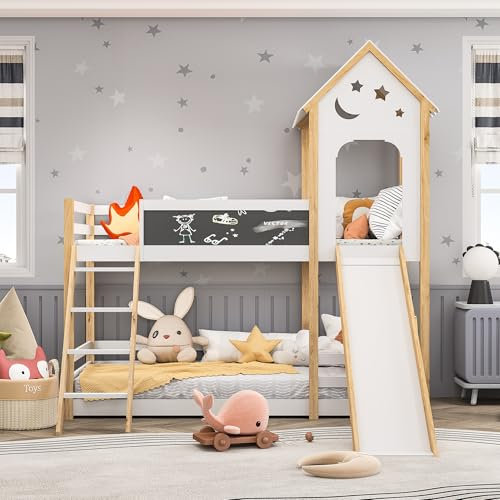 JiaOyu Kinderbett Etagenbett 90x200 mit Rutsche & Leiter, Hausbett mit Graffiti-Tafel, Massivholz Hochbett mit Lattenrost & Rausfallschutz, Funktionsbett Spielbett für 2 Kinder, Ohne Matratze (A)