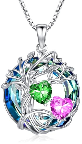 TOUPOP s925 Sterling Silber Familie Baum des Lebens Anhänger Halsketten mit 2 Herz Geburtsstein mit Kristall Kette Schmuck Geburtstag Weihnachten Geschenke für Frauen Sie
