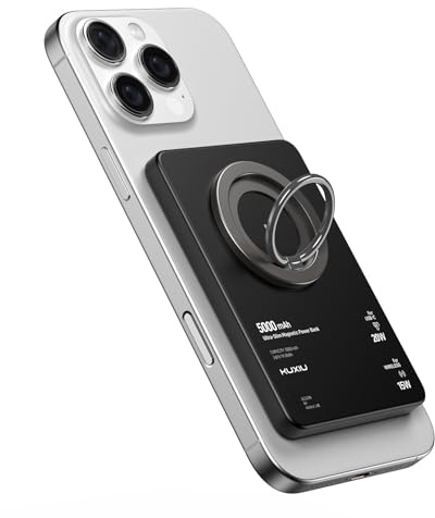 KU XIU per Magsafe Power Bank 5000mAh Ultra Slim, Caricatore Portatile Doppio-Magnetico con Supporto Anello Magnetico, Batteria da Viaggio con Ricarica Rapida PD 20W per iPhone 17/16/15/14/13/12