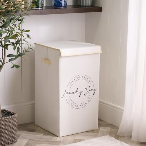 OHS Laundry Basket with Lid Collapsible Large Tall Clothes Hamper, Beige | Slogan Printed Foldable Washing Basket for Dirty Clothes Laundry Hamper Freestanding Laundry Bag for Bedroom Bathroom Dorm