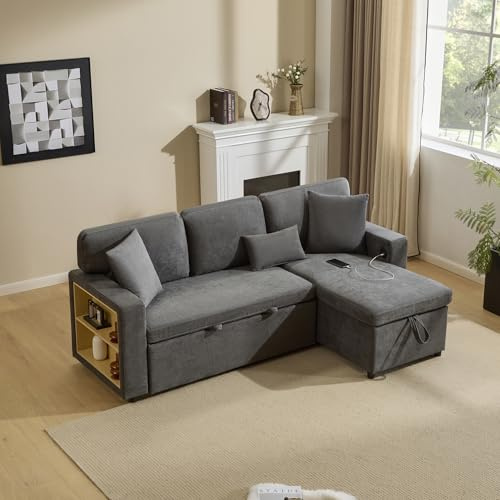 Aunvla Corner Sofa Bett Eckcouch Couch L-Form Schlafcouch Ausziehbar, Bettkasten und integriertem Regal,dunkelgrau