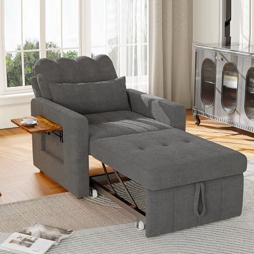 Yeutre Sofá Cama Convertible de 1 Plaza 3 en 1 sillón Convertible con función Cama, Respaldo Ajustable, Mesa Auxiliar Plegable, colchón, cojín y Bolsillos, sofá Cama Plegable para apartamento pequeño