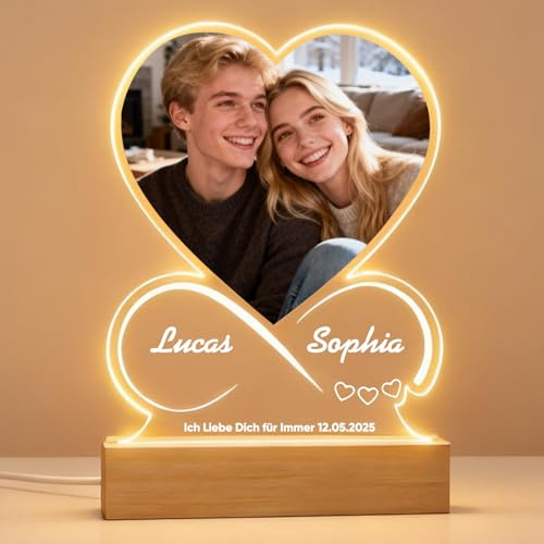 VEELU Bilderrahmen Personalisiert mit LED Foto - Geschenk für Ihn Sie Valentinstag - Personalisierte Geschenke Männer Frauen Partner - Fotogeschenke für Paare Freund Freundin Jahrestag
