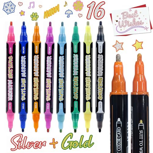 ENLACE 8 Stück Glitzer Stifte 16 Farben Metallic Outline Marker Dual-Tip Stifte, Glitzerstifte Zauberstifte für DIY, Basteln, Steine Bemalen, Schule & Karten, Ostergeschenke Kinder (Gold & Silber)