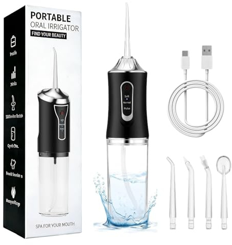 Irrigador Dental Portatil Bucal, Recargable Irrigadores Dentales Portatil, Impermeable Irrigador-Dental, Water Flosser, Limpiador Dientes Agua Presion 4 Boquillas 1 Cable de Carga - Negro