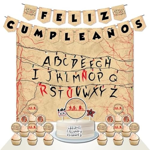 Decoración Cumpleaños StraangerrThinggs - 1 Cartel 100x80cm, 2 Banderines, 1 Cake Topper, 12 Toppers - Diseño para Fiestas Infantiles (Pack 3)