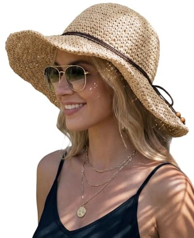 Hat Hut Floppy Beach Hat Crochet Straw Sun Hats for Women Wide Brim Handmade Summer Travel Hat Foldable Packable (UK, Alpha, One Size, Beige)
