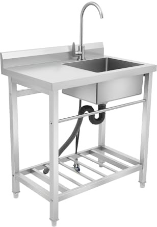 TONFEION Edelstahl Spültisch, 80 x 55 x 84cm Freistehende Spüle Einzelbecken, 100kg Tragfähigkeit Gewerbliche Waschbecken Küche, für Restaurants Küchen Wäschereien (Rechte Spüle)