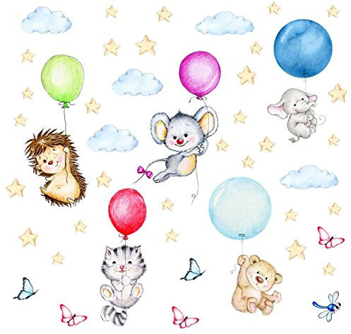 nikima - 123 Wandtattoo niedliche Tiere mit Luftballons Igel Katze Maus Bär Elefant - in 6 Größen - Bezaubernde Kinderzimmer Sticker Aufkleber Wanddeko Wandbild Junge Mädchen Baby - Größe 750 x 420 mm