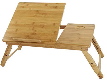 KKTONER Bamboo Laptop Tray With Height Adjustable Foldable Legs - Portable Lap Desk for Breakfast, Snack Serving, Bed, Drawing (FLAT)
