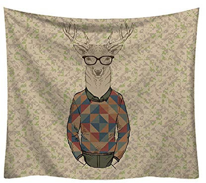 Boyouth Gobelin, Elch mit Brille, bunter Dreiecksdruck, Kleidung, graugrüner Hintergrund, Muster, Digitaldruck, 200 cm breit x 150 cm hoch