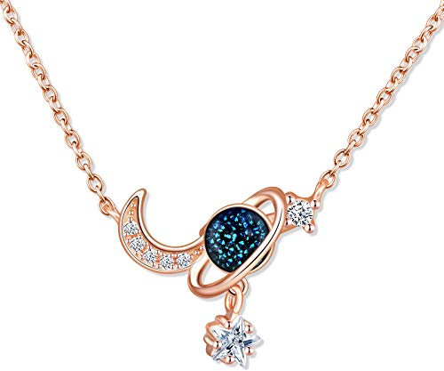 MicLee Collier pendentif de femme fille, collier en argent 925, Pendentif lune et planète de rêve, collier lune magnifique, zircon et pierre bleue incrusté, or rose