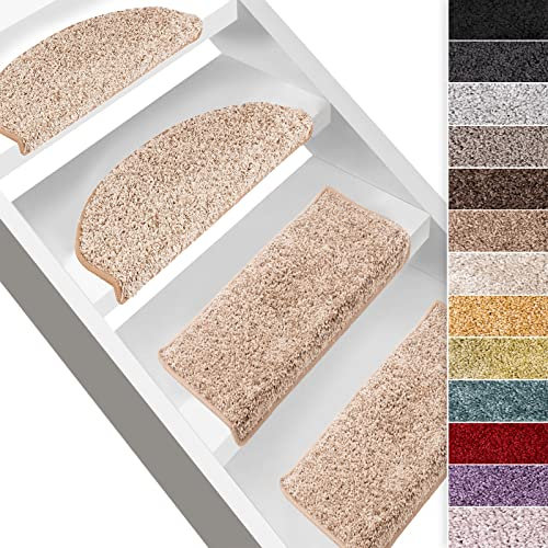 Floordirekt Hochflor-Stufenmatten Bali | Halbrund oder Eckig | Treppenmatten in 11 Farben | Strapazierfähig & pflegeleicht | Stufenteppich für Innen (Beige, Eckig 65 x 23,5 cm)