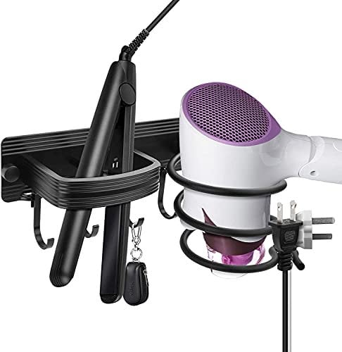 YUET Hair Dryer Holder Hairdryer Station Wall Mounted Spiral Shelf Rack Stand Hanger Straightener Organizer Storage Blow Bathroom with Four Hooks Professional Aluminum (Black)